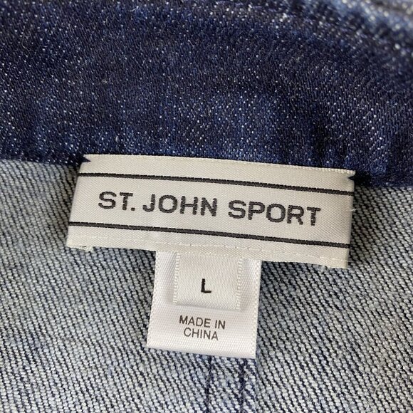 VTG St John Sport Classic Chic Preppy Denim Jacket Frayed Trim & Gold Details L - Picture 4 of 16